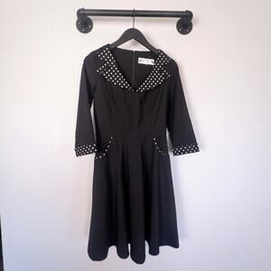Hell Bunny Retro Polka Dot Trim Flare Dress Goth Rockabilly Black L